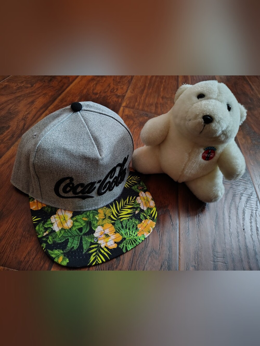Coca-Cola tropical snapback hat and vintage polar bear stuffed animal bundle